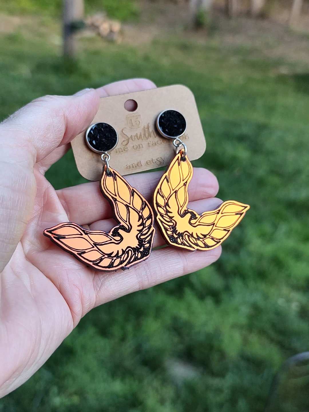 Firebird Earrings in Copper Iridescent Mirror Acrylic, Phoenix