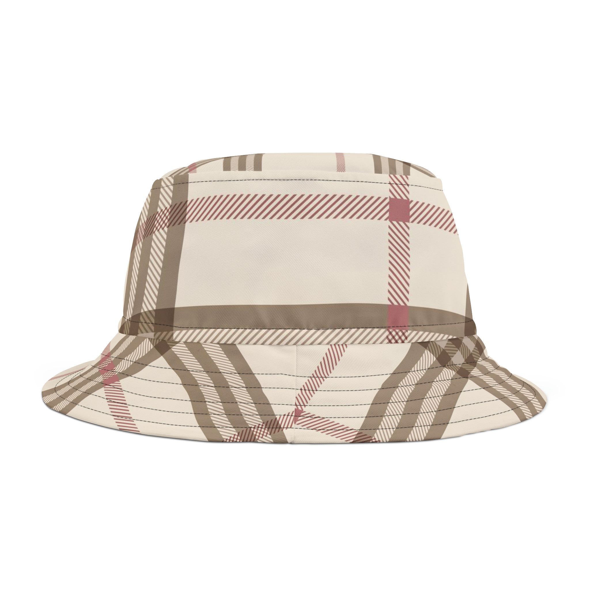 Brown Plaid Design Bucket Hat, Unisex Bucket Hat, Summer Hat  display picture 3