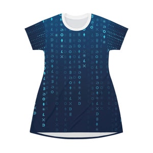 CRYPTO MATRIX PRINT T-Shirt Dress, Fun Outfit, Beach Outfit, Pool Outfit, Oversized Shirt, Party Shirt, Mother&#39;s Day Shirt, Date Night Shirt