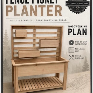 May include: A wooden fence picket planter with three attached boxes, a lower shelf, and a slatted back. The text reads "FENCE PICKET PLANTER" and "WOODWORKING PLAN". The design is perfect for herbs, flowers, and more.