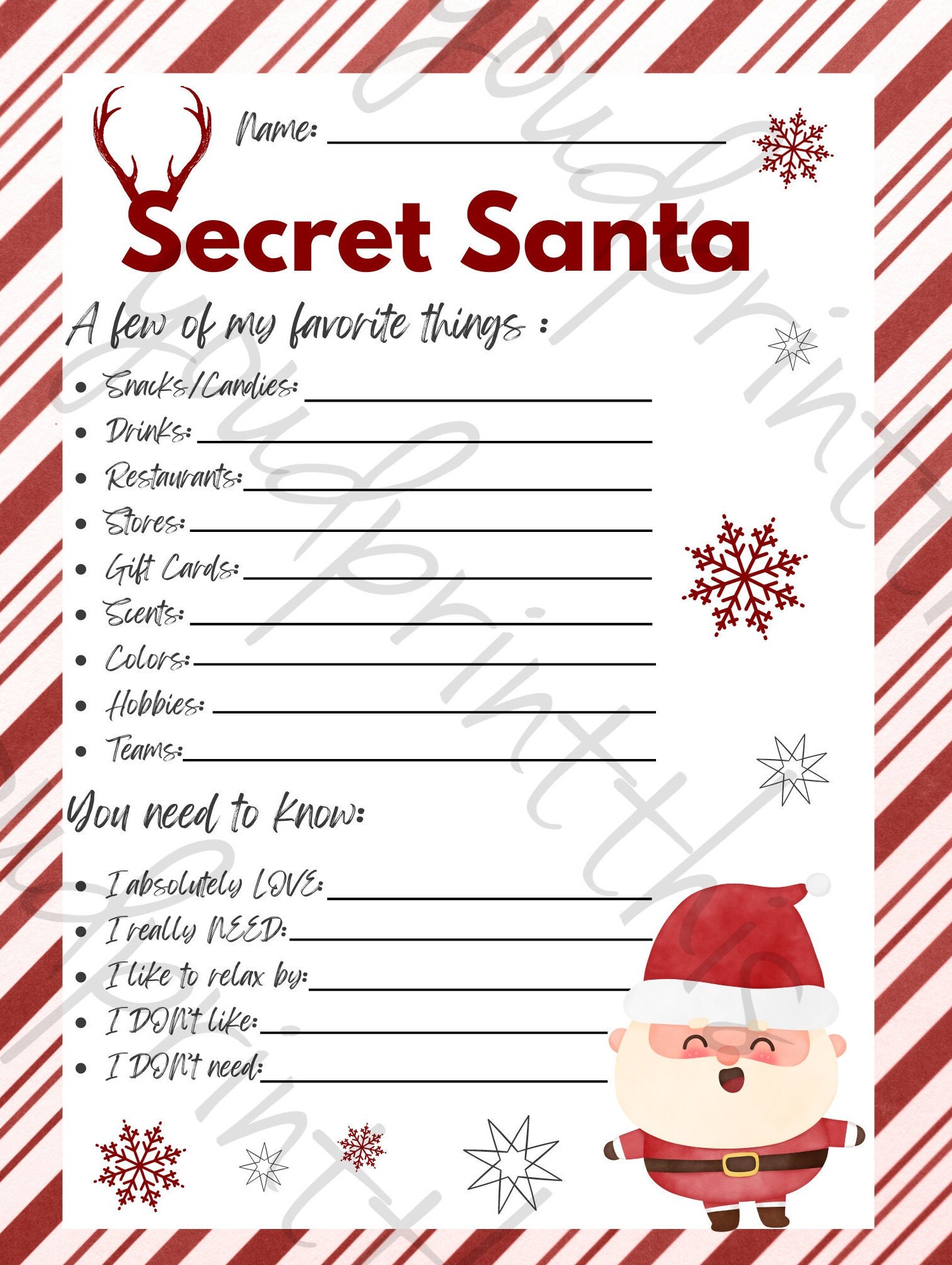Printable Secret Santa Gift Exchange Survey Questionnaire for Christmas