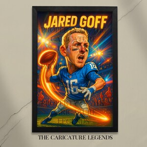 Jared Goff Karikatur-Poster - Lustige Fußballwandkunst, NFL QB Leinwanddruck, Geschenk für Fans, Sportraum, Jugendzimmer oder Mannhöhlen-Wanddekor