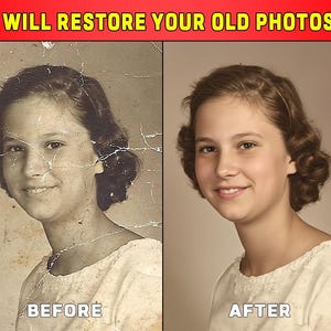 May include: Image showcasing photo restoration services. The image is split, with a damaged, vintage black and white photo on the left and a restored color photo on the right. Text at the top reads "I WILL RESTORE YOUR OLD PHOTOS."
