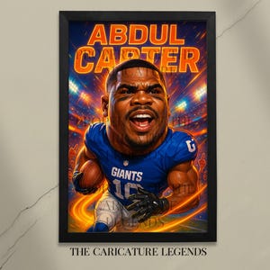 Plakat z karykaturą Abdula Cartera – zabawna sztuka ścienna z futbolem, wydruk na płótnie z grafiką fana NFL Linebackera, prezent dla fanów, męska jaskinia lub dekoracja pokoju nastolatka