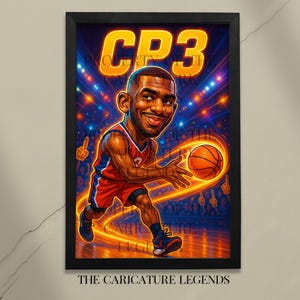 Poster con caricatura di Chris Paul - Divertente stampa murale a tema basket, stampa su tela CP3, decorazione NBA, regalo per gli appassionati di basket, decorazione per la stanza degli adolescenti o per la caverna dell'uomo.