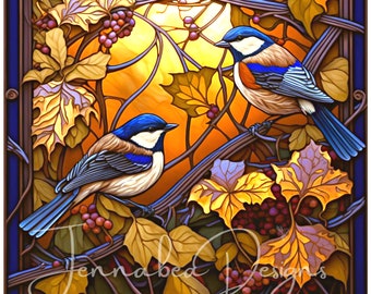 Faux Stained Glass, Wreath Sign design, Chickadees, Birds, Sublimation Design, PNG-Digital Download Only