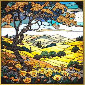 Faux Stained Glass, Sublimation Design, Door Wreath Sign, Square, California, Golden Poppies, PNG-Digital Download Only