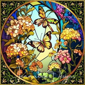 Faux gebrandschilderd glas, krans teken ontwerp, vastklampen ontwerp, sublimatie, vlinders, Papillon, vierkant en rond, PNG-alleen digitale download
