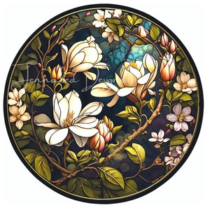 Faux Stained Glass, Wreath Sign Design, Sublimation Design, Magnolias, Round, PNG-Digital Download Only