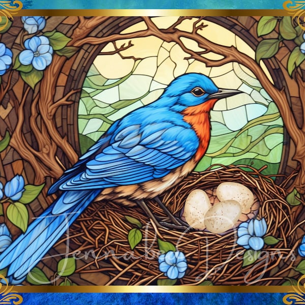 Bluebird, Mother Bird, Nest of Eggs, Rectangular, 8x11, Faux Stained Glass, Sign Design, Sublimation, Printable, PNG, Digital Download Only