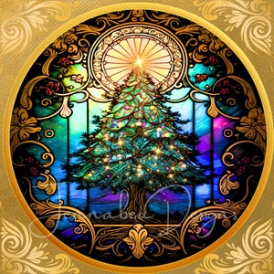 Christmas Tree, Tanenbaum, Faux Stained Glass, Round, Wreath Sign Design, Sublimation, PNG, Digital Download Only