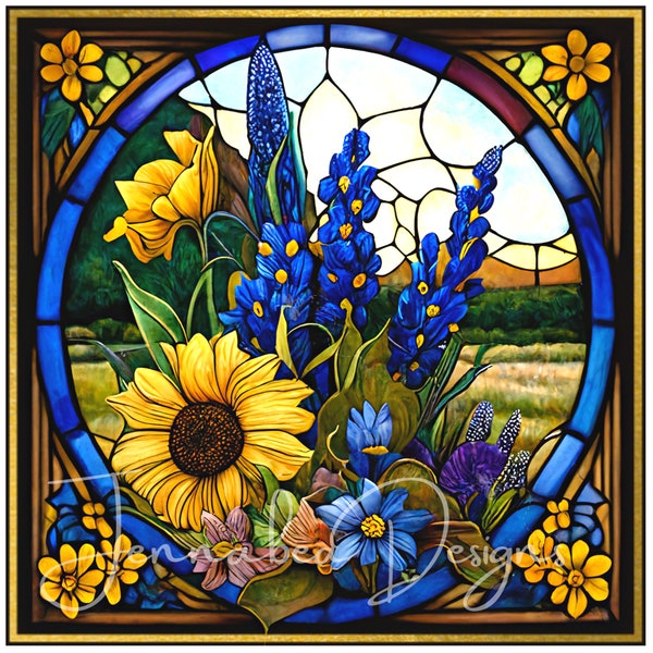 Texas Bluebonnets, Faux Stained Glass, Wreath Sign Design, Square, Sublimation, PNG-Digital Download Only