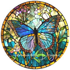 Faux Stained Glass, Butterfly, Round, Wreath Sign Design, Sublimation, PNG-Digital Download Only