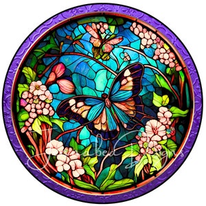 Faux Stained Glass, Diseño de letrero de corona, Sublimación, Cling, Mariposas, Papillon, PNG-Descarga digital solamente