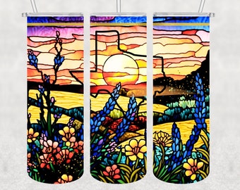 Tumbler Wrap, Sublimation Design, 20 oz Skinny Straight, Texas Sunset, Bluebonnets and Indian Paintbrush, PNG-Digital Download Only