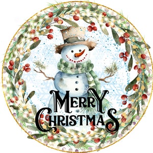Merry Snowman, Wreath Sign Design, Seizoensgebonden, Kerstmis, Rond, Sublimatie Design, Afdrukbaar, PNG, Alleen digitale download