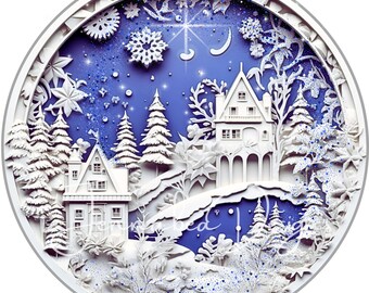 May include: A white paper cut-out winter scene with a blue background. The scene features a small village with houses, trees, and a crescent moon. The scene is covered in white glitter.