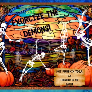 Squelette Yoga, Halloween, Citrouilles, Rectangulaire, Faux vitrail, Conception de signe, Conception de sublimation, Imprimable, PNG, Téléchargement numérique uniquement