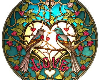 Faux Stained Glass, Wreath Sign Design, Love Birds, Birds, Sublimation, PNG-Digital Download