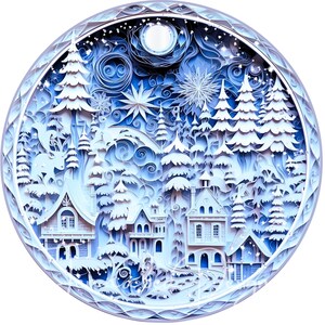 Puede incluir: Una escena de invierno recortada en papel con una luna blanca, estrellas y un pueblo nevado. La escena está rodeada por un borde con patrones azules y blancos.
