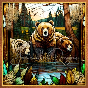 Faux Stained Glass Design, Wreath Sign Design, Cling Design, Grizzly Bears, Bears, Square, PNG-Digital Download Only