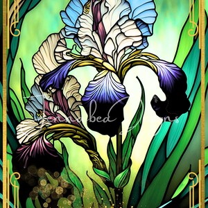 Format rectangulaire, Faux vitrail, Conception de signe de couronne, Sublimation, Iris, Iris bleu, Fleurs, PNG-Téléchargement numérique uniquement