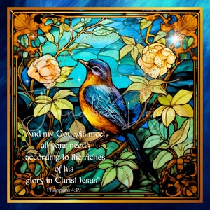 Versículo de la Biblia, Filipenses, Pájaro, Vidrieras falsas, Cuadrado, Diseño de letreros, Diseño de sublimación, PNG, Imprimible, Descarga digital solamente