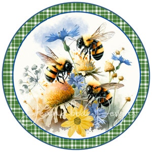 Wreath Sign Design, Cling Design, Bees and Cornflowers, Sublimation, Round, PNG-Digital Download Only
