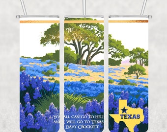 Texas and Crockett, Tumbler Wrap, Bluebonnets, Sublimation Design, 20 oz Skinny Straight, PNG-Digital Download only