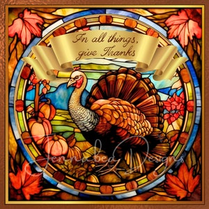 Thanksgiving Türkei, Faux Buntglas Design, Kranz Design, Cling Design, Sublimationsdesign, rundes quadratisches Format, PNG, digitaler Download
