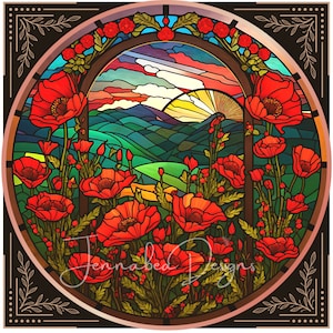Faux Glasmalerei, Kranz Schild Design, Mohnblumen, Jugendstil, rund und quadratisch, PNG-nur digitaler Download