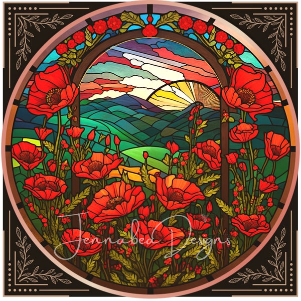 faux Stained Glass, Wreath Sign Design, Poppies, Nouveau, Round and Square, PNG-Digital Download Only