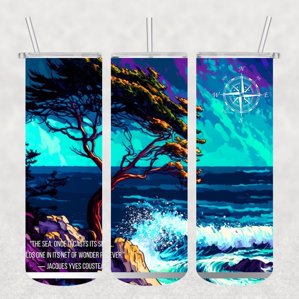 Tumbler Wrap, Sea and Cousteau, Ocean and Coast, 20 oz Skinny Straight, Sublimation Design, PNG-digital download only