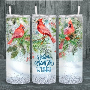 Deseos de invierno cálidos Cardenales en la nieve 20 oz Flaco Recto Vaso Wrap Diseño-PNG Descarga digital solamente