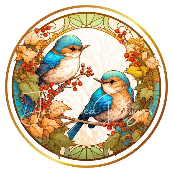 Faux Stained Glass, Wreath Sign Design, Cling Design, Vintage, Birds, Chickadees, Sublimation, PNG-Digital Download Only