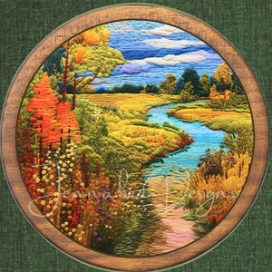 Puede incluir: Un aro de bordado circular con una escena de paisaje colorida. La escena presenta un río sinuoso, árboles verdes y un camino que conduce a través de un campo de flores. El bordado está enmarcado en un aro de madera.