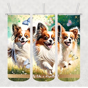 Papillon, Envoltura de vaso para perros, Diseño de sublimación, 20 oz Skinny Straight, PNG, solo descarga digital