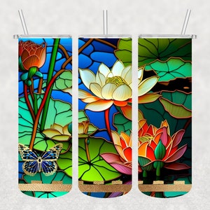 Tumbler Wrap, Waterlily Stained Glass, Floral, Sublimation Design, 20 oz Skinny Straight, PNG-Digital Download Only