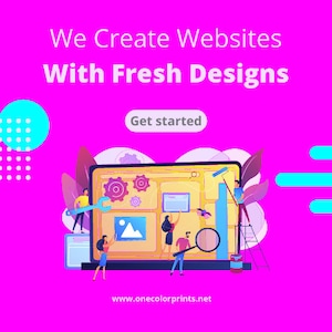 Può includere: Illustrazione di un processo di progettazione di un sito web con persone che lavorano su uno schermo di computer. Lo schermo mostra un layout di sito web con diverse sezioni, tra cui una foto, del testo e una barra di ricerca. Il testo sull'immagine dice "We Create Websites With Fresh Designs. Get started. www.onecolorprints.net"