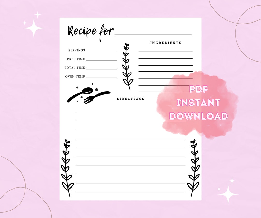 Printable Recipe Template Recipe Template Sheet Recipe - Etsy