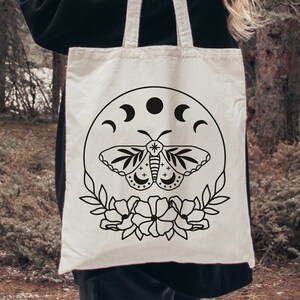 Celestial Moth Moon Phases Tote Bag, Lunar Moth Moon Phases Canvas Tote, Boho Moth Reusable Bag, Celestial Moth Bag, Astrology Gift For Her