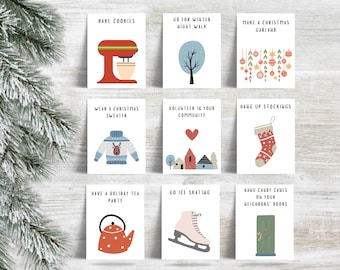 May include: Nine illustrated cards with Christmas-themed activities, such as baking cookies, going for a winter night walk, making a Christmas garland, wearing a Christmas sweater, volunteering in your community, hanging up stockings, having a holiday tea party, going ice skating, and hanging candy canes on your neighbors' doors.