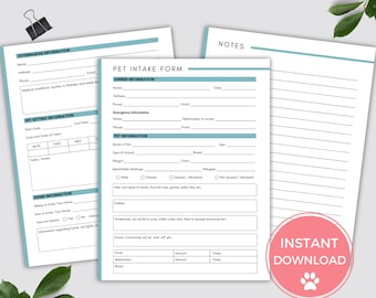 Könnte beinhalten: Ein druckbares Aufnahmeformular für neue Kunden für die Betreuung von Haustieren mit Abschnitten für Veterinärinformationen, Informationen zur Haustierbetreuung, Informationen zum Zuhause, Informationen zum Besitzer, Informationen zum Haustier, Notfallinformationen und Notizen. Das Formular ist für neue Kunden konzipiert und enthält Felder für den Namen des Haustiers, die Art, die Rasse, das Alter, das Gewicht, Allergien usw.