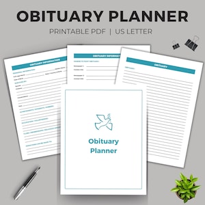 Obituary Planner, Obituary Template, Funeral Program, End of Life Planner, How to write an Obituary, Death Notice Template