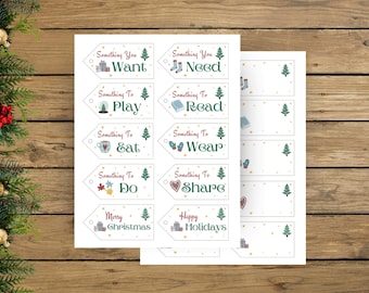 Etichette regalo di Natale stampabili "Qualcosa che desideri", "Qualcosa di cui hai bisogno", idee natalizie semplici, etichette regalo stampabili per bambini, regola dei 4 regali