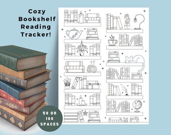 Rastreador de lectura de estantería, 50 libros antes de los 50, Registro de lectura, Rastreador de 100 libros, Diario de lectura, Desafío de 100 libros imprimible, A4, A5, Carta