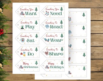 Può includere: Bigliettini regalo di carta bianca con testo e illustrazioni a tema natalizio. I bigliettini includono frasi come "Something You Want", "Something You Need" e "Merry Christmas". Ogni bigliettino presenta una grafica di albero di Natale e piccole illustrazioni.