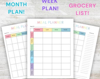 May include: A printable meal planner with a colorful rainbow design. The planner includes sections for breakfast, lunch, dinner, and snacks. There is also a grocery list section.