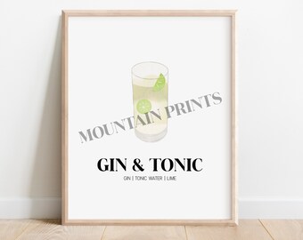 Gin & Tonic Watercolour Cocktail Artwork Digital Print (DIGITAL DOWNLOAD ONLY) | Individual Cocktail Digital Artwork Digital Print