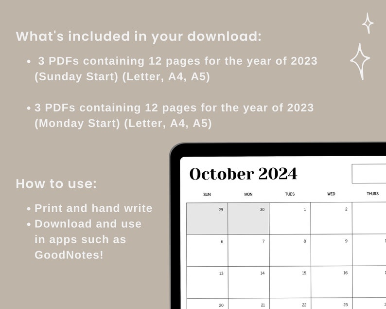 2024 Monthly Calendar Printable and Compatible With Goodnotes Sunday